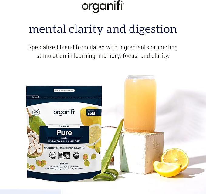 Organifi Pure - Promotes Stimulation in Learning, Memory, Focus, and Clarity - Brain Support with Superfoods - Gluten-Free and Non GMO - Best Served Cold, 30 Servings