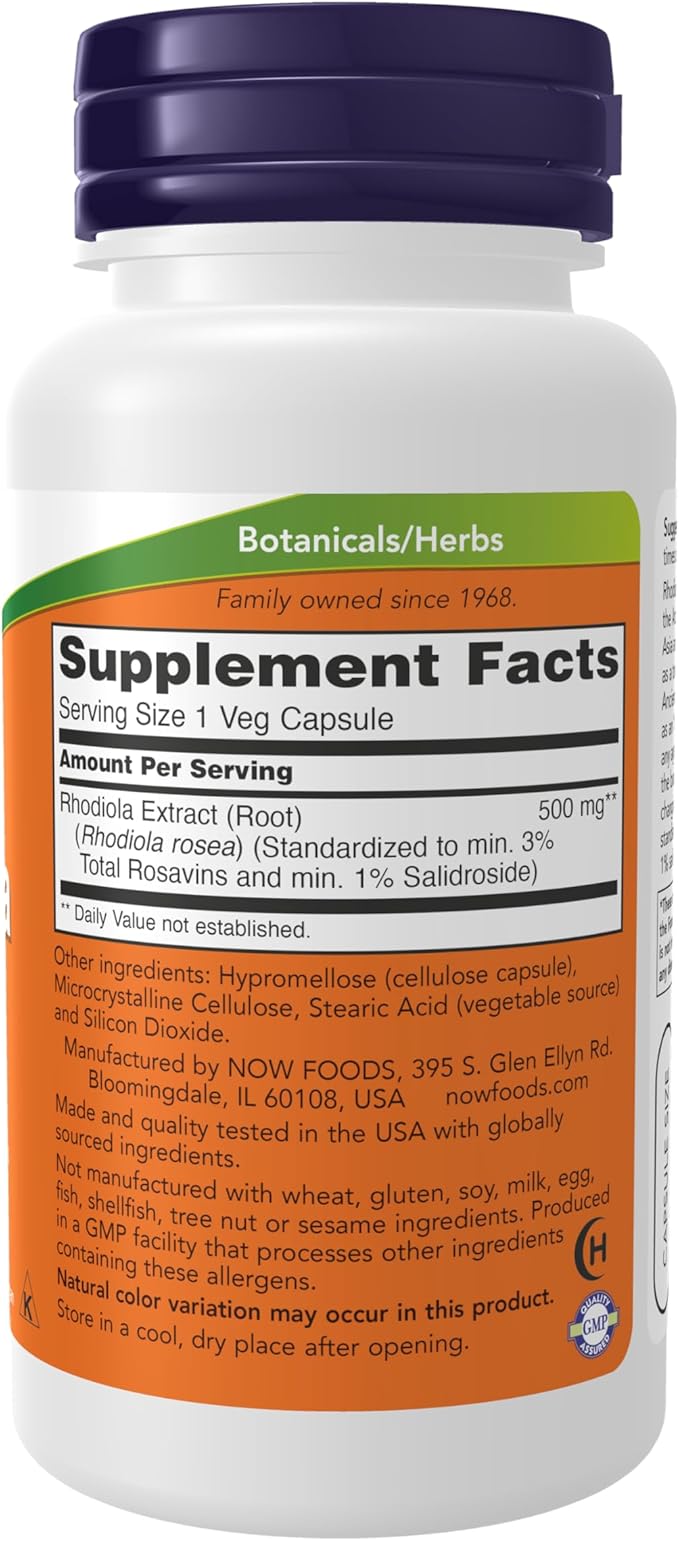 NOW Foods Supplements, Rhodiola 500 mg, Helps Body Adapt to Stress of Daily Life*, Adaptogenic Herb*, 60 Veg Capsules