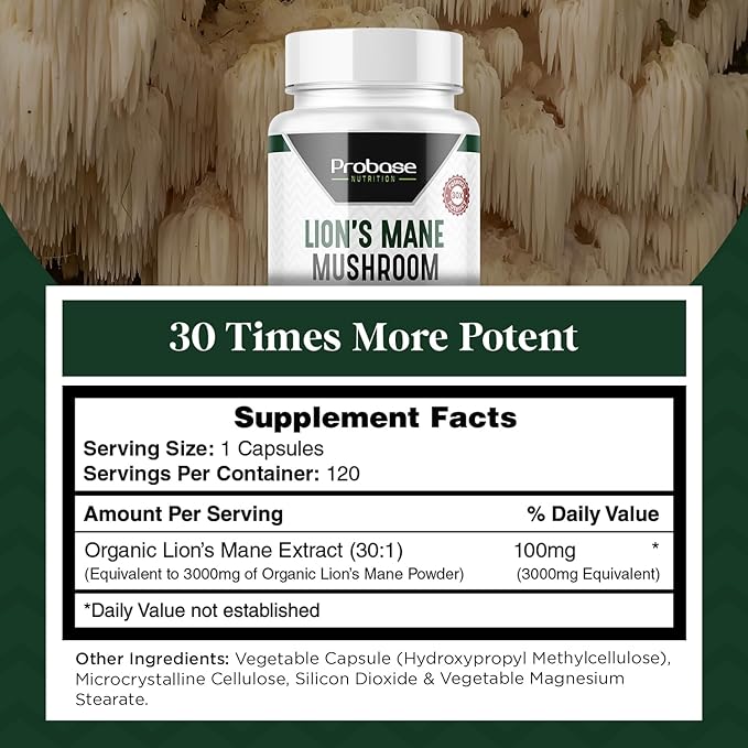Lions Mane Supplement Capsules 30x Potency Extract Mushroom Supplement 4 Month Supply 120 Count