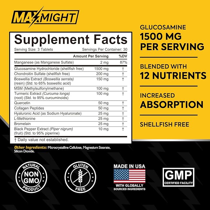 Glucosamine Chondroitin MSM Turmeric, Boswellia, 12-in-1, Joint Comfort, Mobility, Lubrication & Strength for Men Women & Senior, 90 Tab, No Shellfish