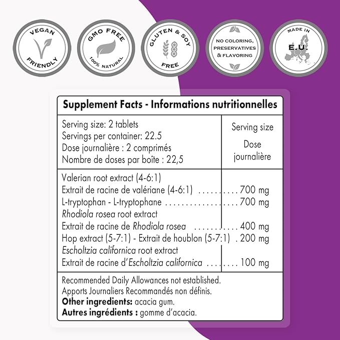 Supersmart - Natural Sleep Formula (Advanced Formula) - with L-Tryptophan, Valerian Root, Hop, Eschscholzia Californica - Herbal Supplement | Non-GMO & Gluten Free - 45 Tablets