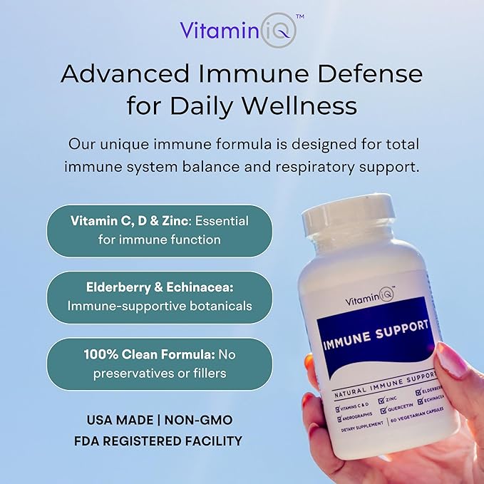 Immune Support Supplement with Vitamin C and Zinc, Sambucus Elderberry, Vitamin D3, Glutathione, Echinacea Capsules - Natural Immune Booster Herbal Supplements - Vegan, Gluten-Free (60ct)