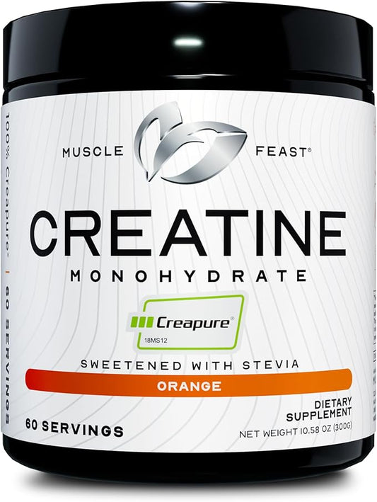 Muscle Feast Creapure Creatine Monohydrate Powder, Vegan Keto Friendly Gluten-Free Easy to Mix, Muscle Recovery Supplement and Best Creatine for Muscle Growth, Natural Orange, 300g