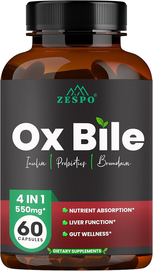 Ox Bile 550MG – Digestive Enzymes & Gut Health Support with Inulin, Probiotics & Bromelain – 60 Capsules