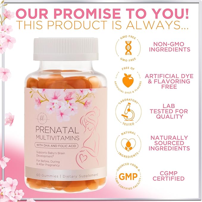 Prenatal Vitamins for Women with DHA & Folic Acid - Best Prenatal Multivitamin Gummies for Women, Brain Development Support, Folate, Vitamin C, D3 & B12, Pre Natal Pregnancy Supplement - 60 Gummies