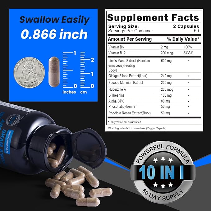 Lion's Mane Supplement Capsules & Bacopa Monnieri-120 Capsules Lion's Mane Mushroom Blend, 10 in 1 for Enhanced Memory, Focus, and Brain Support