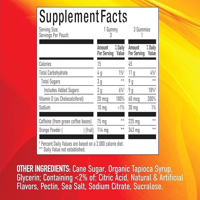 Energy Gummies, 1125 mg of Plant-Based Caffeine Chews per Bottle, Long Lasting Energy Boosters, Valencia Orange (15ct)