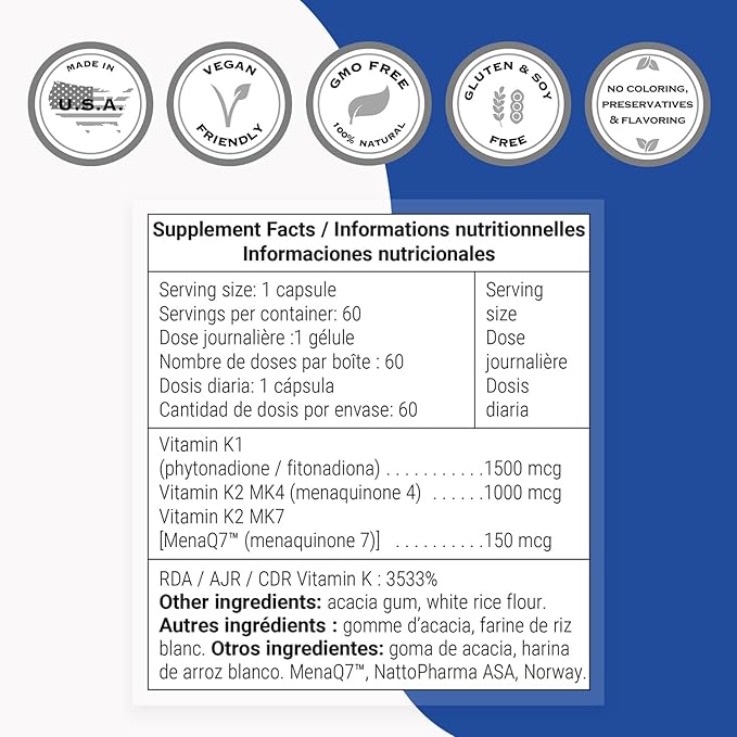 Supersmart - Complete K - with K1, K2 (MK4 + MK7) - Full Spectrum Vitamin K Supplement | Non-GMO & Gluten Free - 60 Vegetarian Capsules