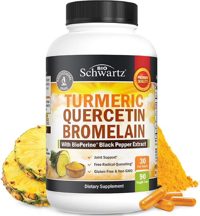 Turmeric Quercetin with Bromelain Supplement - Natural Extra Strength Immune and Joint Support with BioPerine Black Pepper for Max Absorption - Organic Tumeric Bromelain Supplement Vegan Safe, Non-GMO