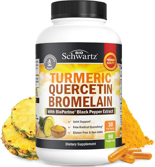 Turmeric Quercetin with Bromelain Supplement - Natural Extra Strength Immune and Joint Support with BioPerine Black Pepper for Max Absorption - Organic Tumeric Bromelain Supplement Vegan Safe, Non-GMO