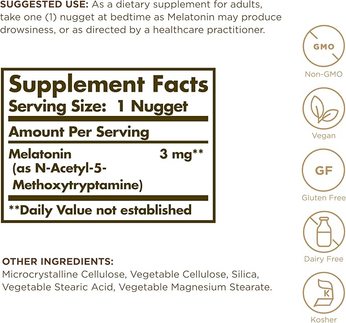 Solgar Melatonin 3 mg - 120 Nuggets - Helps Promote Relaxation & Rest - Non-GMO, Vegan, Gluten Free, Dairy Free, Kosher - 120 Servings