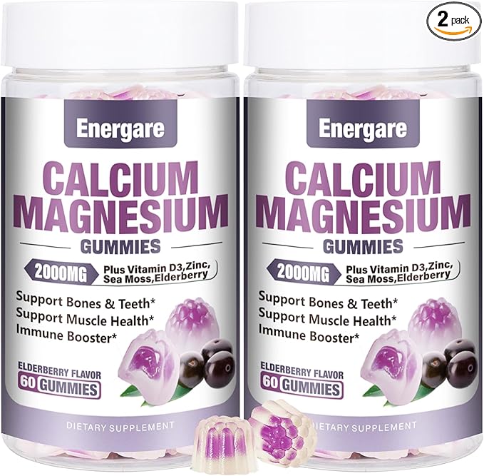 2 Packs Calcium Magnesium Zinc Gummies with Vitamin D3, Sea Moss, Calcium Gummies for Bone, Muscles, Calm Mood Support, Supplements for Kids & Adults, Sugar-Free, Vegan, Elderberry Flavor, 120ct