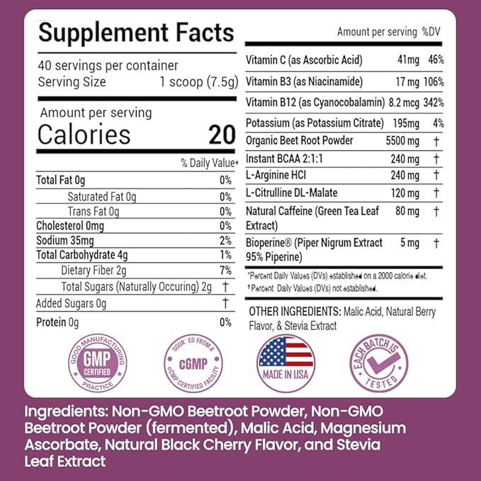 Beet Root Powder, 10.59 oz Pack of 3 - Berry Flavor Nitric Oxide Booster Superfood with Green Tea Extract, BCAA, L-Arginine, L-Citrulline for Heart Health & Circulation Support, Non-GMO