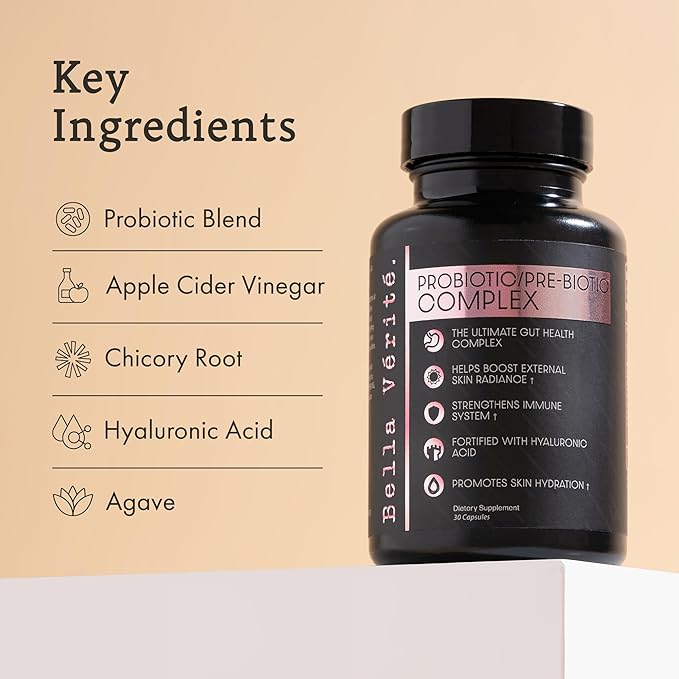 Bella Vérité. Probiotic & Prebiotic Complex - Support Women's Digestive & Gut Health - 3.45 Billion CFU Lactobacillus Probiotics for Clearer Skin - Daily Probiotic Supplement (30 Vegetarian Capsules)
