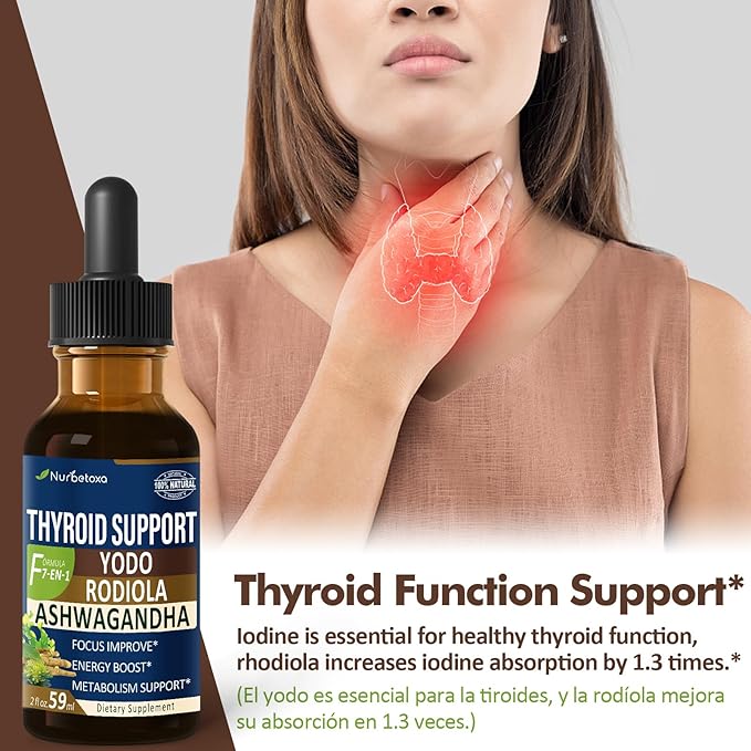 Thyroid Support Drops - Liquid Iodine Supplement, Gotas de YODO y Selenio para Tiroides, Con Rodiola Semenovii y Ortiga, Fight Brain Fog w/Ashwagandha & Rhodiola Extract Tincture.2 oz