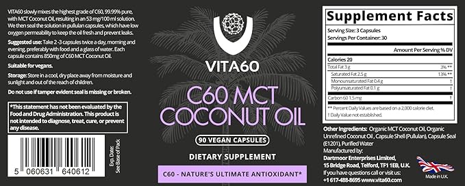 C60 Oil Capsules | Age-Defying Vitality and Antioxidant Support | 99.99% Pure Solvent Free C60 | Organic Oil | Vegan Friendly | Superior Customer Service (Coconut Oil)