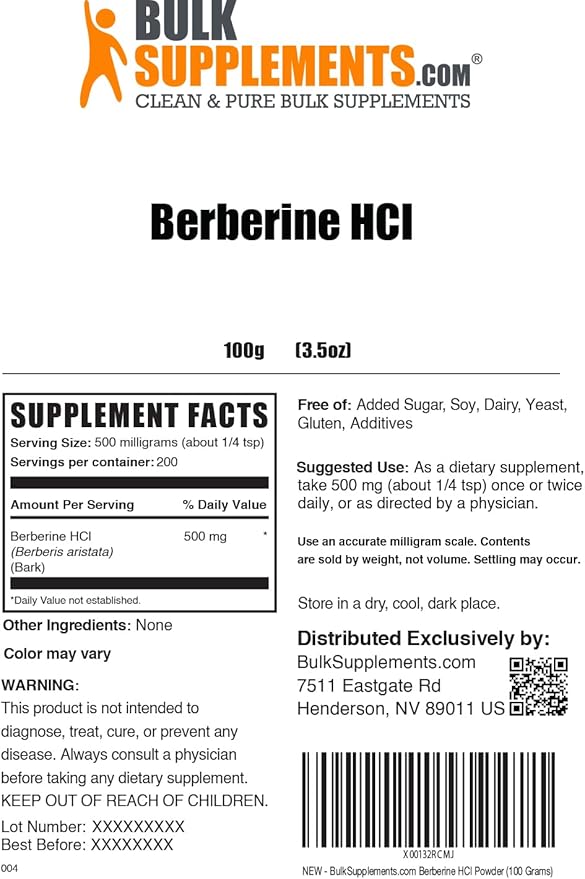 BulkSupplements.com Berberine HCl Powder - Berberine Supplement, Berberine 500mg, Berberine Powder - Gluten Free, 500mg per Serving, 100g (3.5 oz) (Pack of 1)