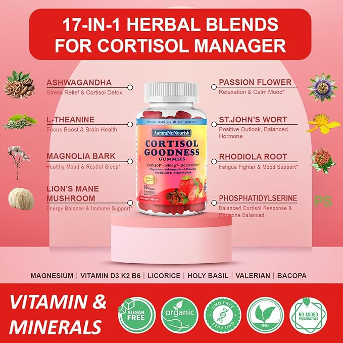 2 Packs Cortisol Supplement Gummies, 17-in-1 Cortisol Detox w. Magnesium Glycinate 400mg Ashwagandha, L-Theanine, Phosphatidylserine, Hormone Balanced for Women, Mood Focus, Sleep Support