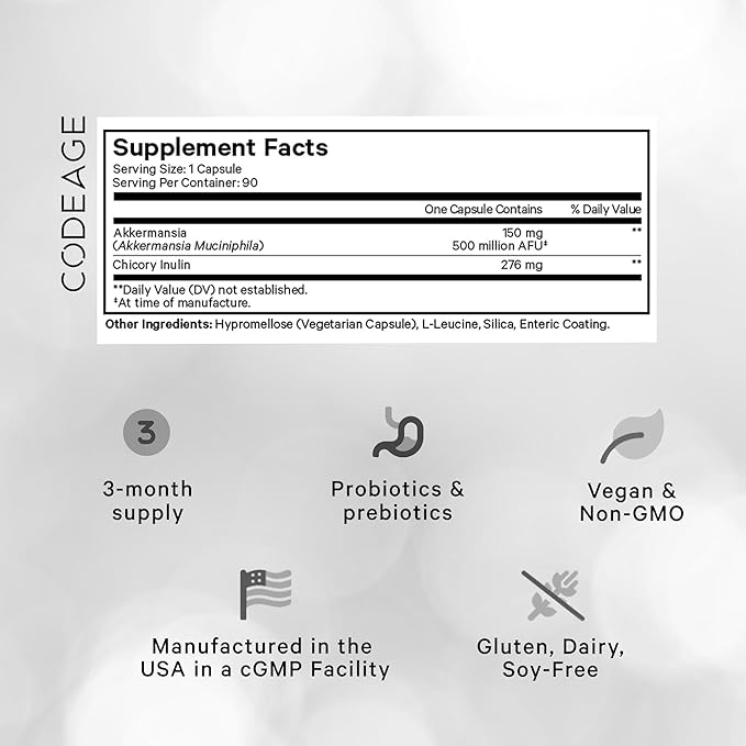 Codeage Akkermansia Muciniphila Probiotic Ultra - High-Potency 500M AFUs Akkermansia Probiotic Supplement - Enhanced Daily Probiotic & Prebiotic, Chicory Inulin - 3-Month Supply - 90 Capsules