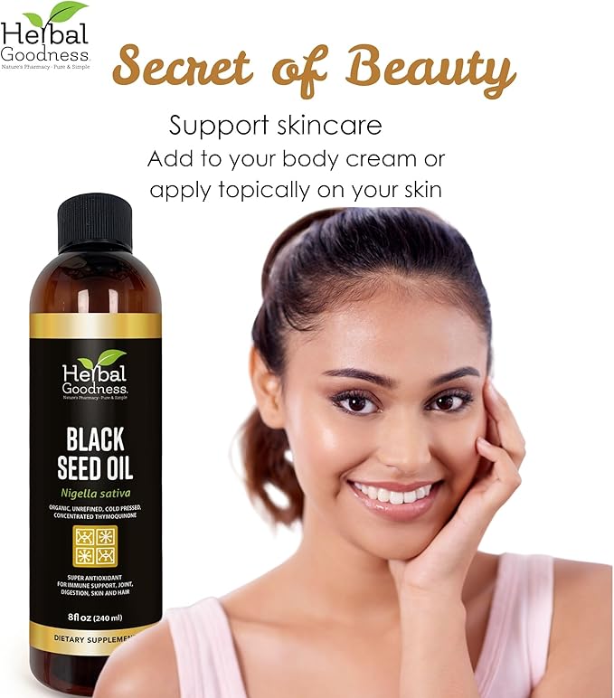 Black Seed Oil - Organic Cold Pressed Nigella Sativa, Black Cumin Seed Oil with Thymoquinone, Blackseed Liquid for Health, Hair Growth & Skincare 8 fl. oz | Herbal Goodness