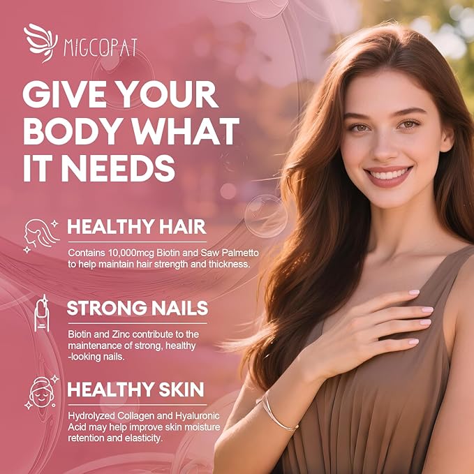 Biotin 10,000mcg | Collagen | Hyaluronic Acid | Vitamin B, C, D3, E, Folate, Iron, 25-in-1 Formula Hair, Skin & Nails Supplement, Hair Growth Support, Skin & Nails Complex for Women