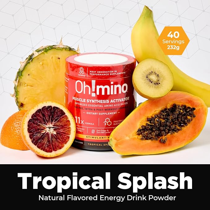 Ohmino Essential Amino Acids for Muscle Gain - BCAAs and EAA Amino acids Powder Supplement, Pre & Post Workout - Non Caffeine, Non Dairy, Vegan, Zero Sugar & Net Carbs - 40 Servings (Tropical Splash)