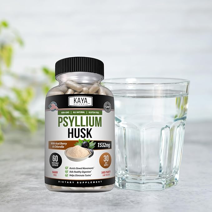 Kaya Naturals Psyllium Husk Capsules - 60 Count | High Fiber Supplement | Digestive Health & Regularity | Gluten-Free, Non-GMO