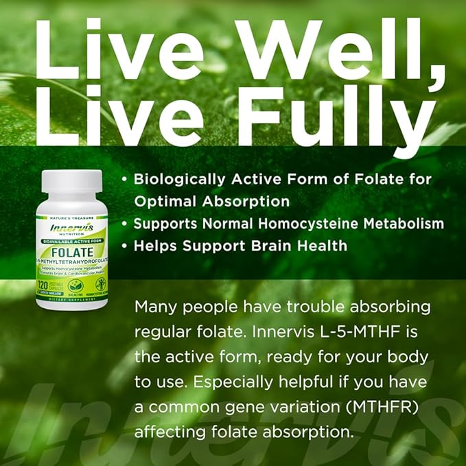 Bioavailable Active Form Folate L-5-MTHF BioActive Vitamin B9 Support Brain Health120 Vegetable Capsules Supplement