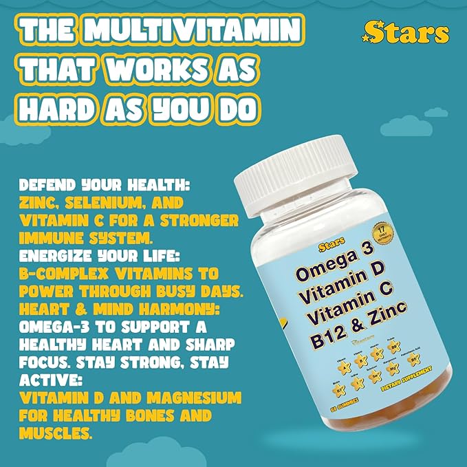 Adult Multivitamin Gummy with Omega 3, Chewable Multivitamin with Selenium, Vitamin A, B, C, D, Biotin, Multivitamin for Women, Multivitamin for Men, 60 Star Shaped Multivitamin Gummies