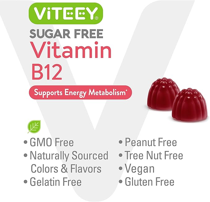 Vitamin B12 Gummies for Adults & Teens 1000mcg, Sugar Free - Good for Energy, Metabolism, Natural Energy Support - Vegan, Gelatin Free, Gluten Free, GMO Free - Tasty Chewable Strawberry Flavored Gummy