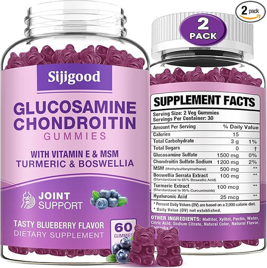 2 Pack Glucosamine Chondroitin Gummies, Extra Strength Glucosamine Chondroitin MSM with Elderberry & Turmeric, Joint Health, Flexibility, Antioxidant, Immune for Adults-Blueberry Flavored, 120 Gummies