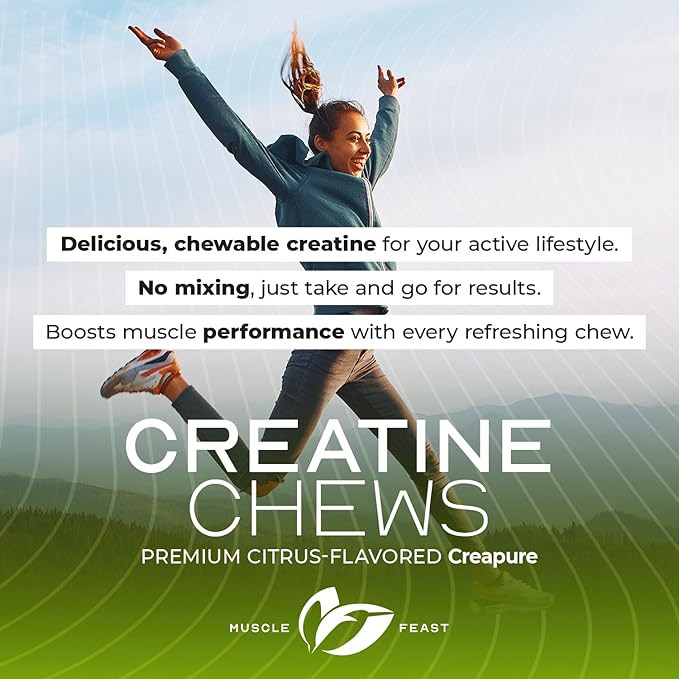 Muscle Feast Vegan Creatine Monohydrate, Gluten-Free Creapure Chews, Lemon Lime, 360 Tabs