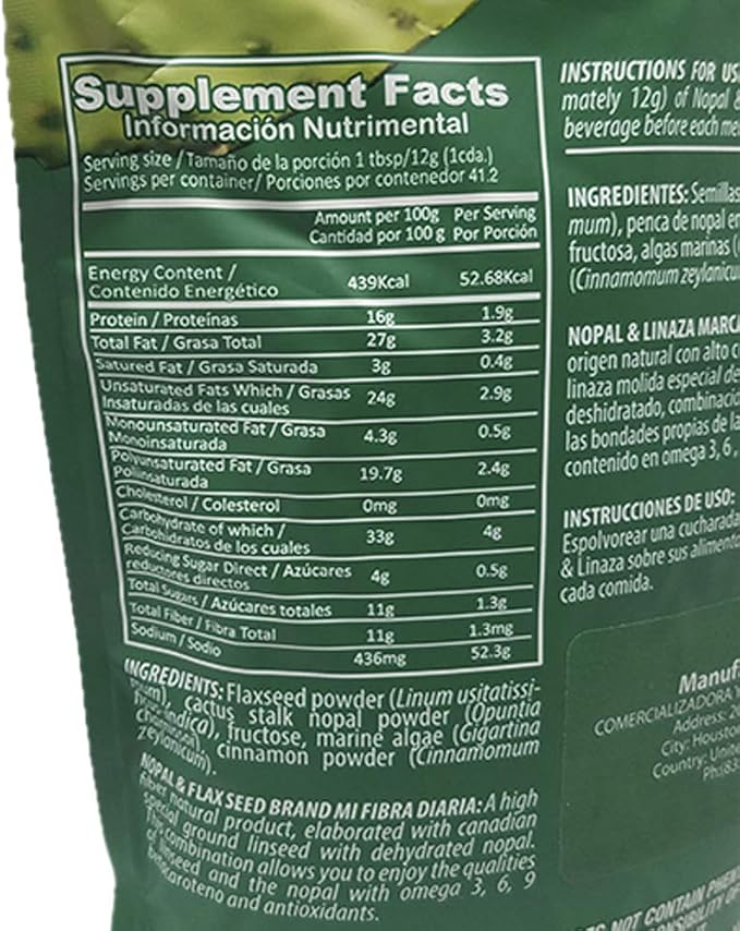 Nopal & Linaza. Nopal Cactus and Flax Seed Fiber Dietary Supplement. 17.6 oz.