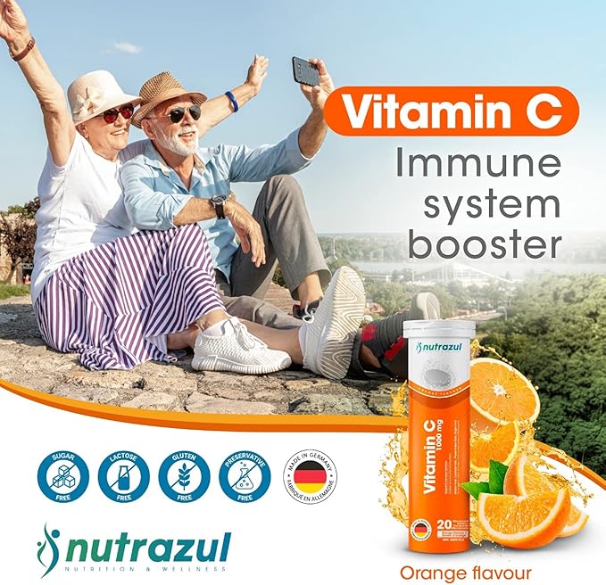 Nutrazul Vitamin C 1000mg Effervescent Tablets- Orange 20’s | 20 Days Supply | Gluten Free, Lactose Free, Sugar Free & Preservative Free | Maintains Immune Function