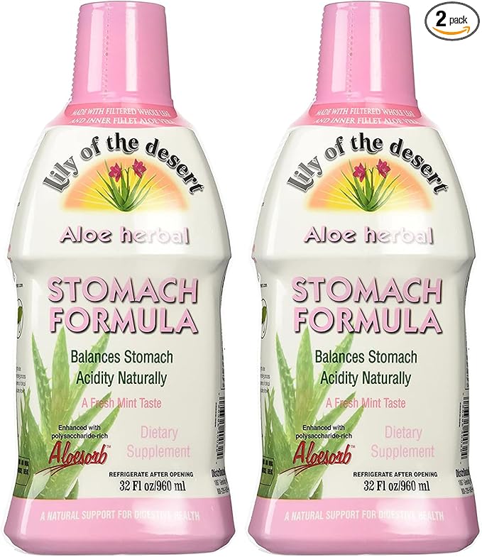 Lily Of The Desert Stomach Formula, Organic Aloe Vera Juice with Slippery Elm, Chamomile, Peppermint, and Ginger for Gut Health, Acid Reflux, Heartburn Relief, 32 Oz (Pack of 2)