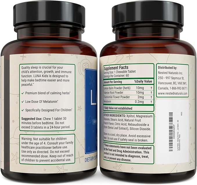 LUNA Kids | #1 Sleep Aid Tablets for Children 4+ and Sensitive Adults | Naturally Sourced Ingredients | 60 x Chewable Pills | Gentle, Herbal Supplement with Chamomile, Melatonin, Valerian & Lemon Balm