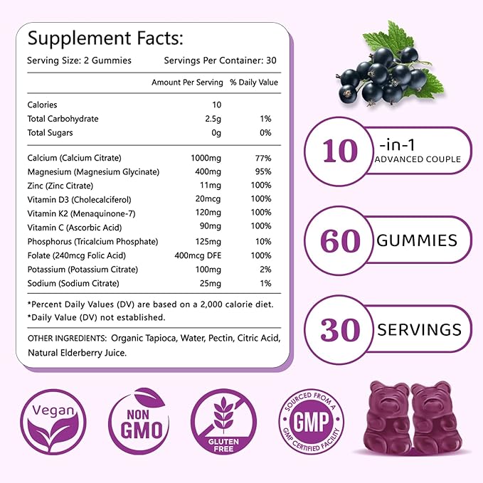 Calcium Magnesium Zinc Gummies with Vitamin C D3 K2, Calcium Gummies for Bone, Muscle, Calm & Zzz Support, High Absorption Formula with Magnesium Zinc Folate Potassium, Elderberry Flavored 60 Counts