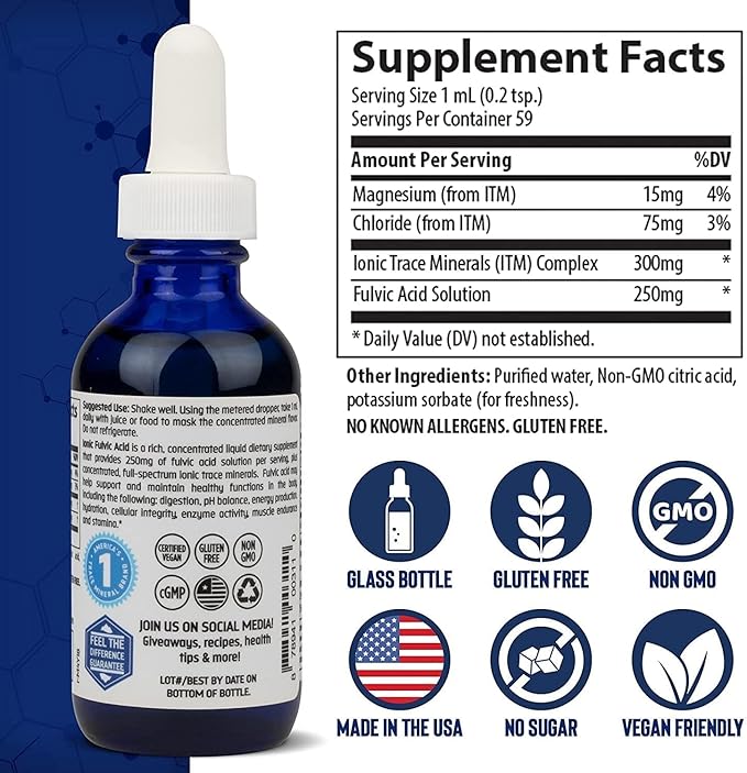 Trace Minerals Ionic Fulvic Acid 250mg - Essential Mineral Supplement to Support Hydration & Energy Production - Aids Muscle Endurance - Liquid Supplement for Healthy Digestion - 2 fl oz (59 Servings)
