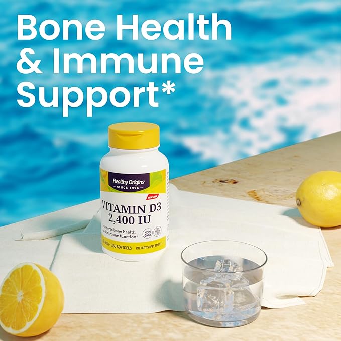 Healthy Origins Vitamin D3 (Lanolin) 2,400 IU Softgel - Bone Health and Immune Support Supplement - Easily Absorbable Vitamin D Supplements - Gluten-Free Vitamin D3 Supplement - 120 Softgels