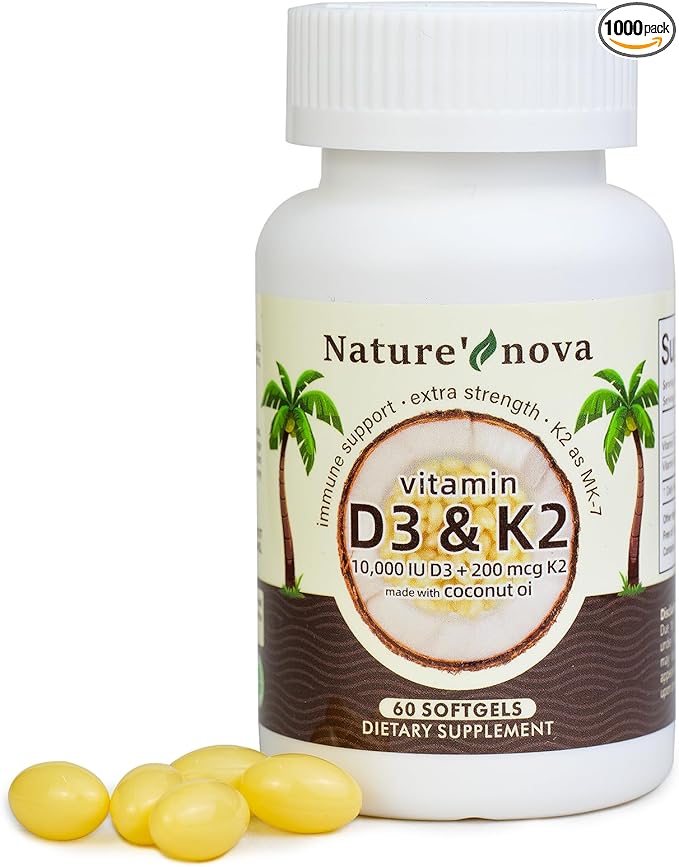 Nature's Nova Vitamin D3 + K2 Softgels for Immune, Bone & Heart Health, 10,000 IU, 60 Count, Non-GMO, Gluten-Free