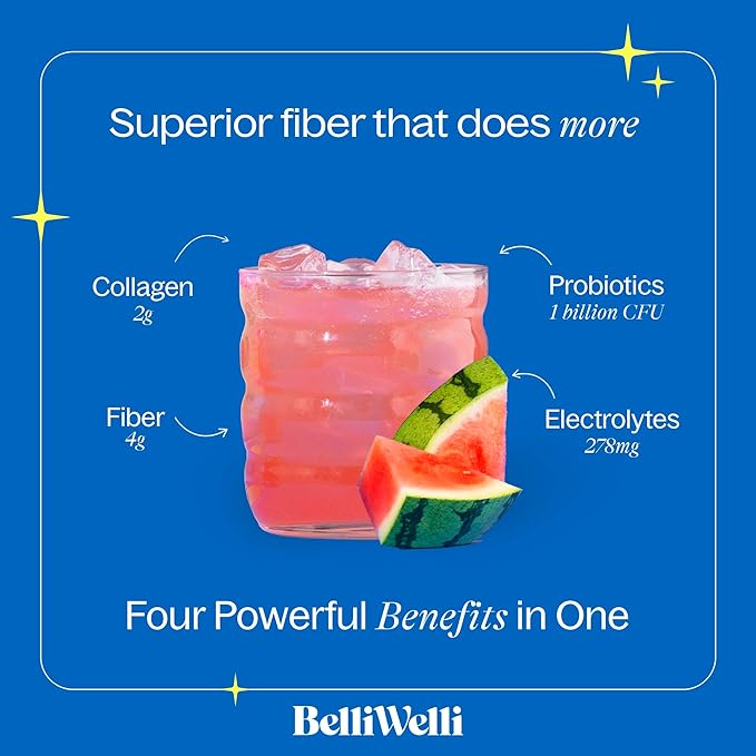 Fiber Supplement for Women & Men – Premium Daily Fiber Powder from Organic Acacia with Added Collagen, Electrolytes & Probiotics – No Bloat, Constipation & Gut Health Support (Watermelon)