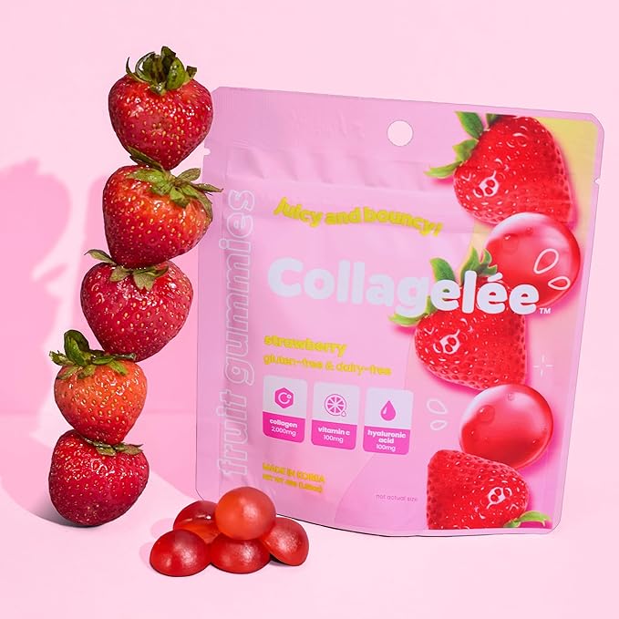 Collagelee Collagen Gummies - Marine Collagen Supplements with Vitamin C, Hyaluronic Acid, & Biotin for Moisturized, Youthful, Plump Skin - Korean Skincare (Strawberry)