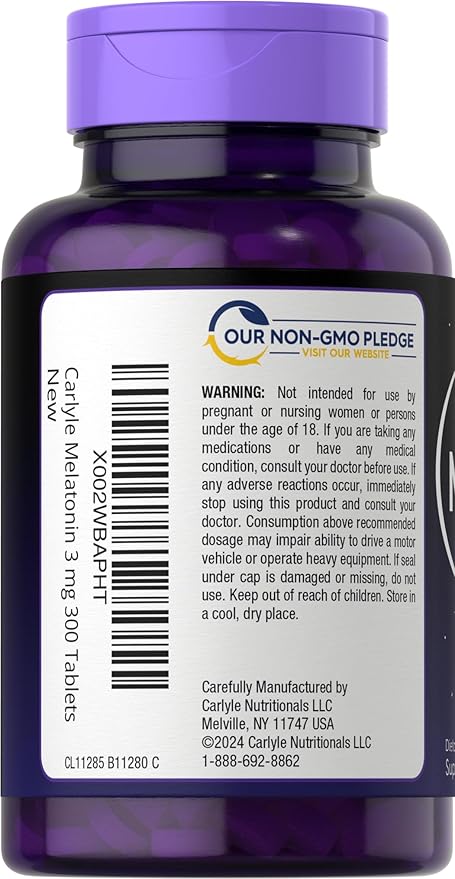 Carlyle Melatonin 3mg | 300 Tablets | Low Dose | Drug Free | Vegetarian, Non-GMO, Gluten Free
