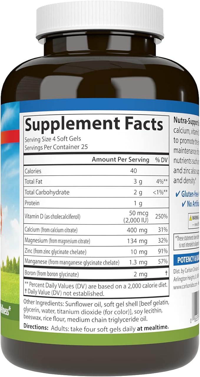 Carlson - Nutra-Support Bone, Calcium, Magnesium & Vitamin D3, Bone Health, Calcium Absorption & Optimal Wellness, 100 Softgels