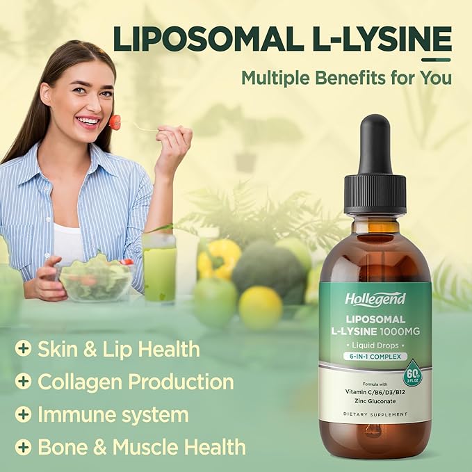 Liposomal L-lysine 1000MG Liquid Drops, Lysine Supplement for Women & Kids with Vitamin C, B6, D3, B12 &Zinc Gluconate, Skin & Lip Health, Immune & Collagen Production Support, Lemon Flavor, 2 fl oz