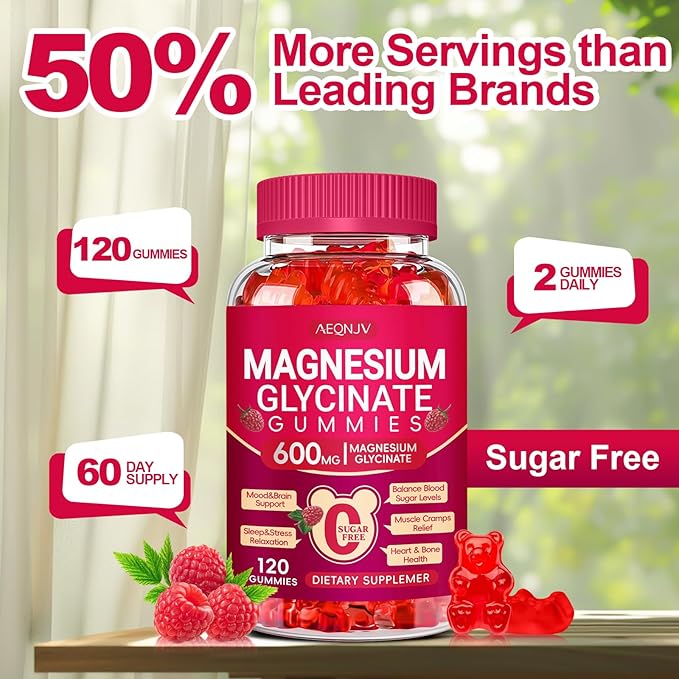 Magnesium Glycinate Gummies 600mg, Sugar Free Magnesium Gummies for Adults with Magnesium L-Threonate, Chewable Magnesium Potassium Supplements for Sleep, Body Support and Relaxation, 120 Count