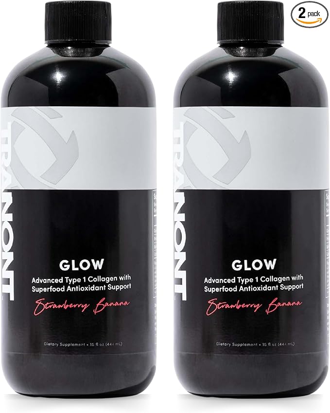 Tranont Glow | Strawberry Banana | 2 Pack | Type 1 Collagen with Superfood Antioxidant Support | for Hair, Skin, Nails & Joints | Liquid Collagen with Hyaluronic Acid & Peptides | 30 Fl Oz