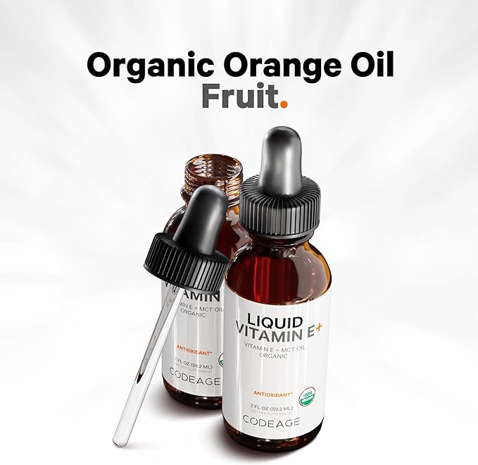 Codeage Liquid Vitamin E+ - USDA-Certified Organic Vitamin E - 2-Month Supply - D-Alpha Tocopherol Acetate, Organic MCT Oil, Organic Orange Fruit Oil, Unflavored, Non-GMO, Vegan, Gluten-Free, 2 fl oz