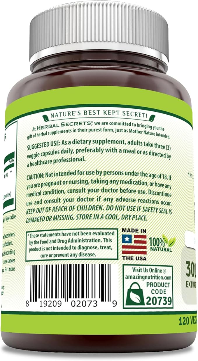 Herbal Secrets Bilberry Extract 300 Mg | 4:1 Extract (3600 mg Equivalent) | Veggie Capsules | Non-GMO | Gluten-Free | Made in USA (120 Count)