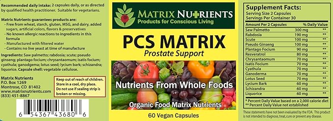 PCS Matrix - Lower PSA Levels for Healthy Prostate - 100% Natural Ingredients: Saw Palmetto, Rabdosia, Scute, Plantago Focium, Chrysantaomum, Ganoderma, Lotus Seed - Vegan Capsules (60ct)